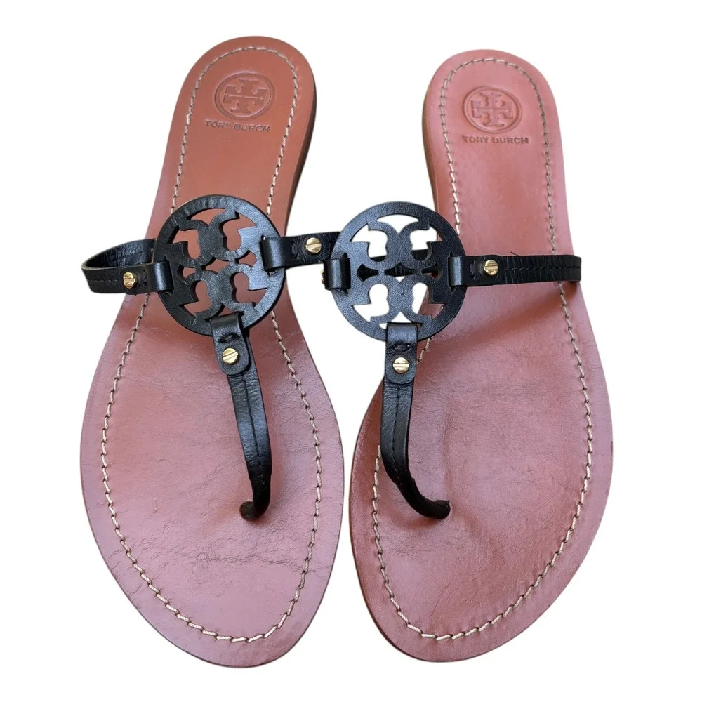 Tory Burch Womens 9 Mini Miller Leather Thong Sandals Black Tan Logo Flat